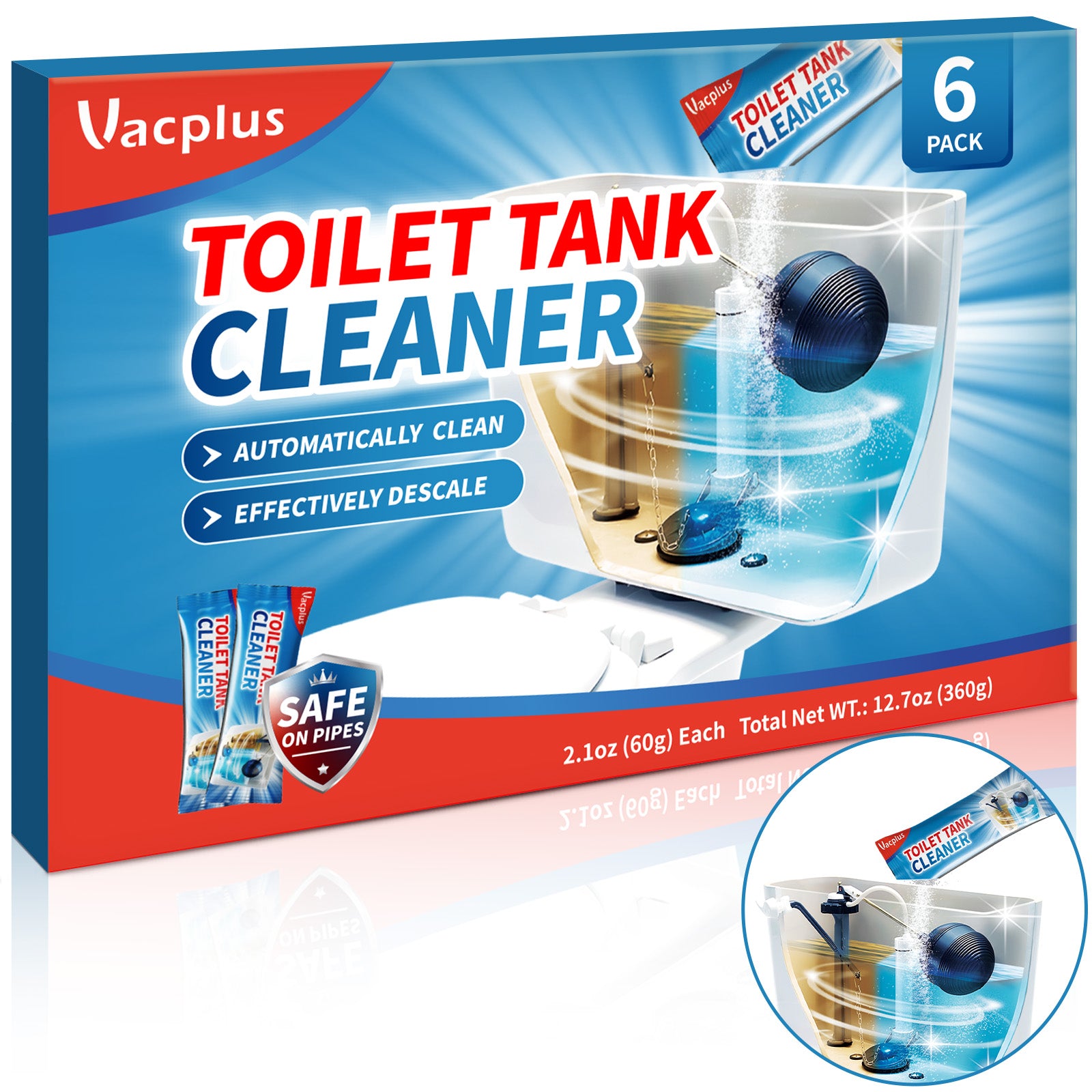 Vacplus Toilet Tank Cleaner - 6 Pack, Powerful Automatic Toilet Descaler without Scrubbing, Premeasured Toilet Mold Remover with Individual Wraps, Remove Rust and Other Minerals